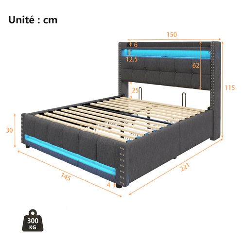 Lit Double 140x200 Cm Avec LED, Tiroirs Et Prise USB, Lit Capitonné Ado - Gris