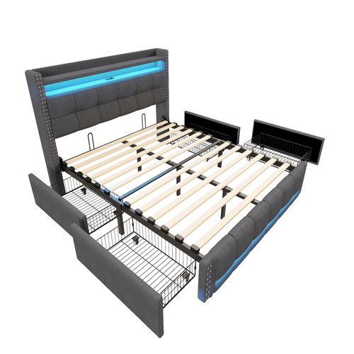 Lit Double 140x200 Cm Avec LED, Tiroirs Et Prise USB, Lit Capitonné Ado - Gris