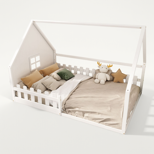 Lit Cabane 140x200 Cm - Lit Enfant Avec Cadre Sécurisé - Design Moderne - Blanc