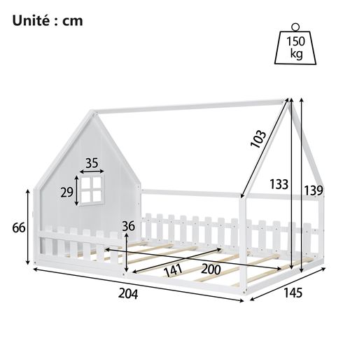 Lit Cabane 140x200 Cm - Lit Enfant Avec Cadre Sécurisé - Design Moderne - Blanc