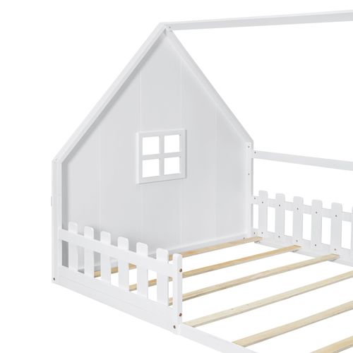Lit Cabane 140x200 Cm - Lit Enfant Avec Cadre Sécurisé - Design Moderne - Blanc