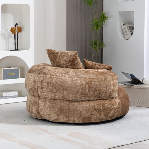 Fauteuil Pouf Cocooning 1 Place - 3 Coussins - Matelas En Mousse -Chenille - Café