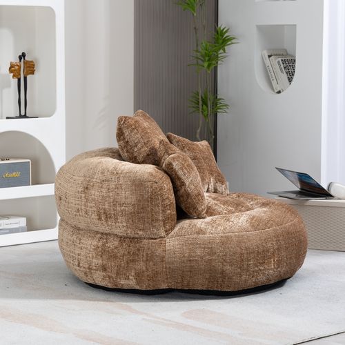 Fauteuil Pouf Cocooning 1 Place - 3 Coussins - Matelas En Mousse -Chenille - Café