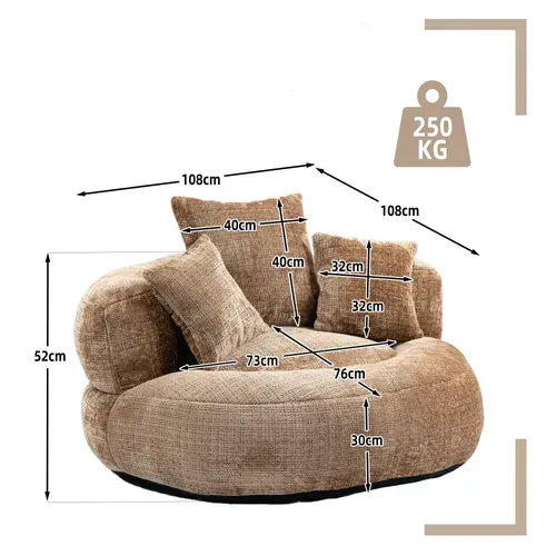 Fauteuil Pouf Cocooning 1 Place - 3 Coussins - Matelas En Mousse -Chenille - Café