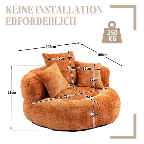 Fauteuil Pouf Cocooning 1 Place - Moderne - 3 Coussins - Confortable - Tissu Chenille - Orange