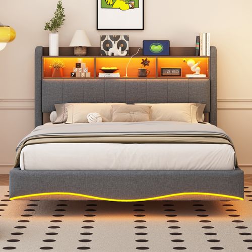 Lit Double 140×200 Cm - LED Et Port USB - Lit Rembourré Coffre - Tissu - Gris