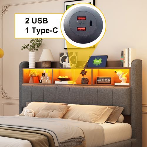 Lit Double 140×200 Cm - LED Et Port USB - Lit Rembourré Coffre - Tissu - Gris