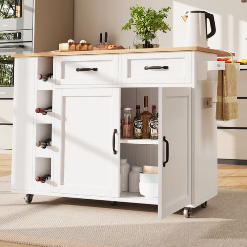 Îlot De Cuisine Desserte -rangement - Prise Électrique Buffet Multifonction - Mdf - Blanc Effet