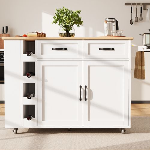 Îlot De Cuisine Desserte -rangement - Prise Électrique Buffet Multifonction - Mdf - Blanc Effet