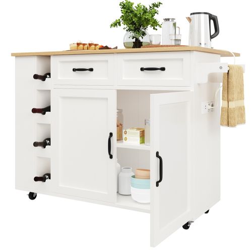 Îlot De Cuisine Desserte -rangement - Prise Électrique Buffet Multifonction - Mdf - Blanc Effet