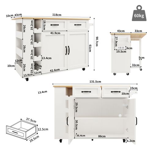 Îlot De Cuisine Desserte -rangement - Prise Électrique Buffet Multifonction - Mdf - Blanc Effet