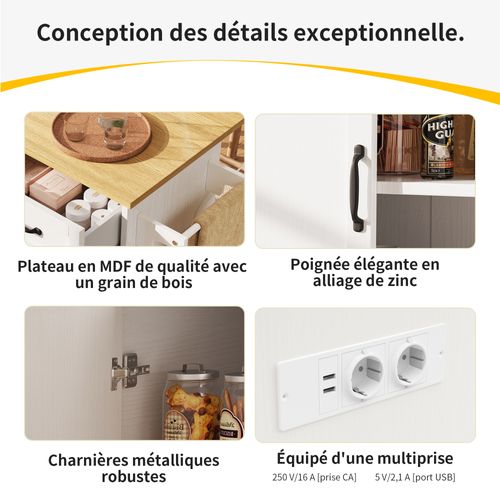 Îlot De Cuisine Desserte -rangement - Prise Électrique Buffet Multifonction - Mdf - Blanc Effet