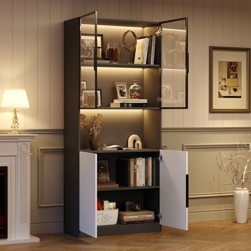 Vitrine Design - Éclairage LED - Portes Vitrées - Meuble De Collection Et Bibliothèque - Noir