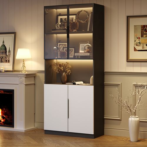 Vitrine Design - Éclairage LED - Portes Vitrées - Meuble De Collection Et Bibliothèque - Noir