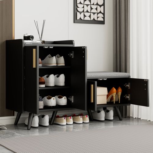 Meuble à Chaussures Banc 4 Portes Avec Assise, Design Moderne, Structure Robuste,Noir