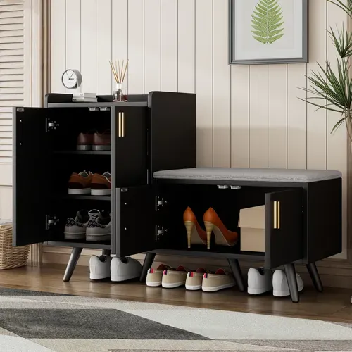Meuble à Chaussures Banc 4 Portes Avec Assise, Design Moderne, Structure Robuste,Noir