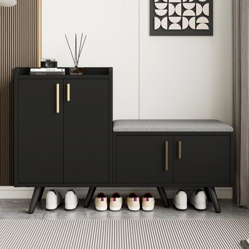 Meuble à Chaussures Banc 4 Portes Avec Assise, Design Moderne, Structure Robuste,Noir