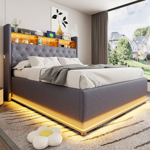 Lit Coffre Double 160x200 Cm Avec Coffre Hydraulique Et Éclairage LED, Tissu Lin Gris Avec Port USB
