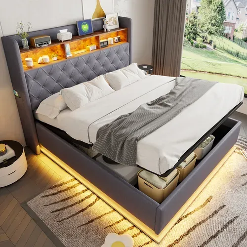 Lit Coffre Double 160x200 Cm Avec Coffre Hydraulique Et Éclairage LED, Tissu Lin Gris Avec Port USB
