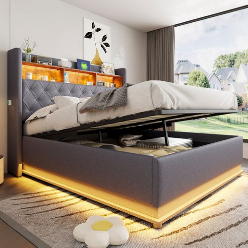 Lit Coffre Double 160x200 Cm Avec Coffre Hydraulique Et Éclairage LED, Tissu Lin Gris Avec Port USB