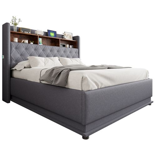 Lit Coffre Double 160x200 Cm Avec Coffre Hydraulique Et Éclairage LED, Tissu Lin Gris Avec Port USB