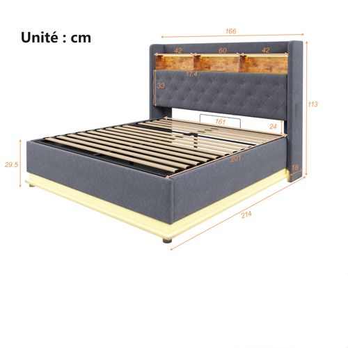 Lit Coffre Double 160x200 Cm Avec Coffre Hydraulique Et Éclairage LED, Tissu Lin Gris Avec Port USB