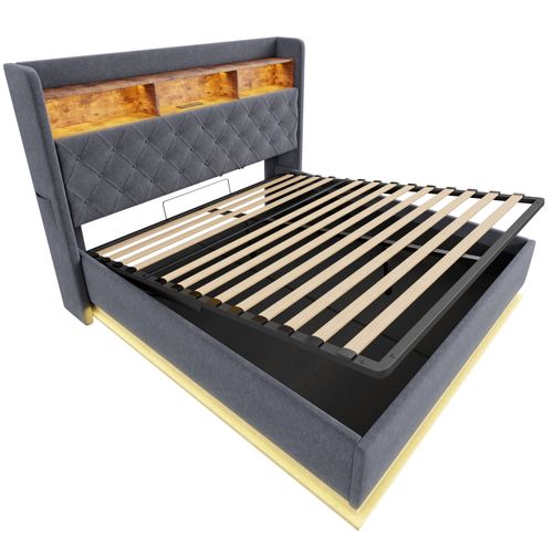 Lit Coffre Double 160x200 Cm Avec Coffre Hydraulique Et Éclairage LED, Tissu Lin Gris Avec Port USB