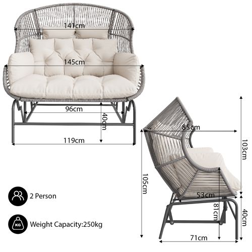 Balancelle - Chaise Suspendue De Jardin -2 Places - Fauteuil Oeuf Extérieur - Gris + Blanc