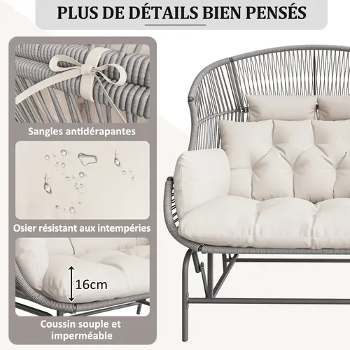 Balancelle - Chaise Suspendue De Jardin -2 Places - Fauteuil Oeuf Extérieur - Gris + Blanc