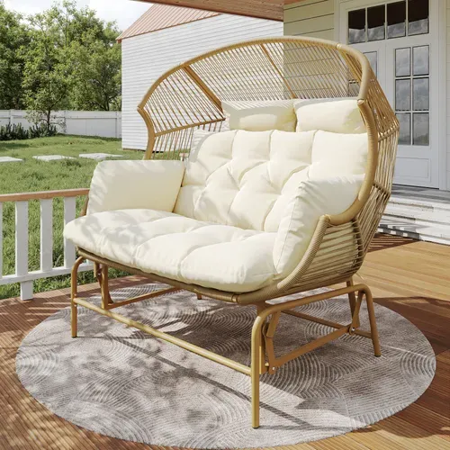 Balancelle - Chaise Suspendue De Jardin - 2 Personnes - Fauteuil Oeuf Extérieur - Doré + Blanc