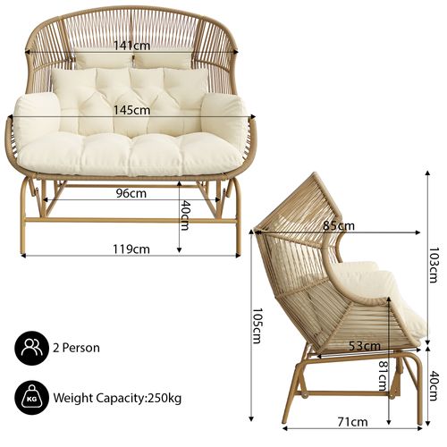 Balancelle - Chaise Suspendue De Jardin - 2 Personnes - Fauteuil Oeuf Extérieur - Doré + Blanc