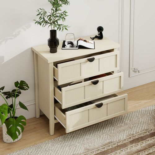 Commode Sculptée Avec 3 Tiroirs - Rails De Glissement Et Fixation Murale - Bois Naturel