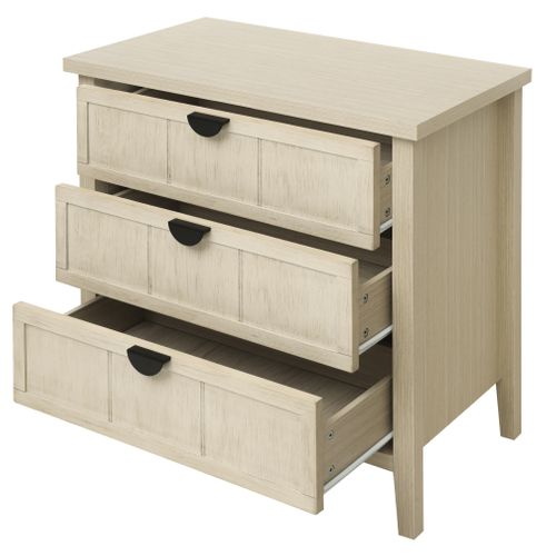 Commode Sculptée Avec 3 Tiroirs - Rails De Glissement Et Fixation Murale - Bois Naturel