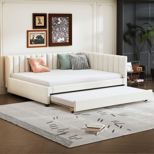 Lit Gigogne 140x200 Cm - Lit D’appoint Et Enfant Avec Lit Supplémentaire, Velours Beige