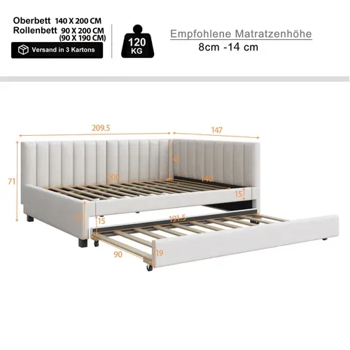 Lit Gigogne 140x200 Cm - Lit D’appoint Et Enfant Avec Lit Supplémentaire, Velours Beige