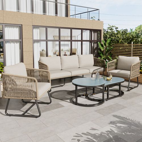 Salon De Jardin 5 Places En Corde, Fauteuil,canapé,table En Verre Trempé, Coussins, Beige