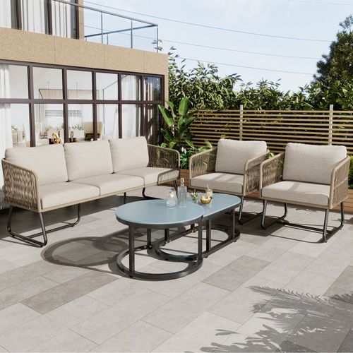Salon De Jardin 5 Places En Corde, Fauteuil,canapé,table En Verre Trempé, Coussins, Beige