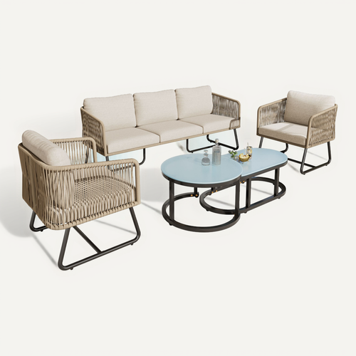 Salon De Jardin 5 Places En Corde, Fauteuil,canapé,table En Verre Trempé, Coussins, Beige