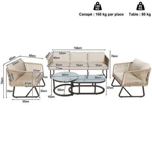 Salon De Jardin 5 Places En Corde, Fauteuil,canapé,table En Verre Trempé, Coussins, Beige