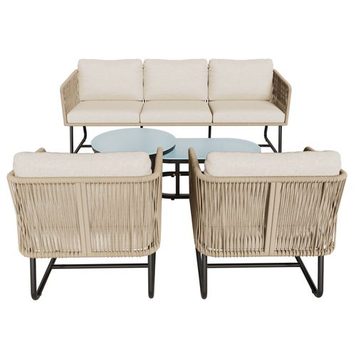 Salon De Jardin 5 Places En Corde, Fauteuil,canapé,table En Verre Trempé, Coussins, Beige