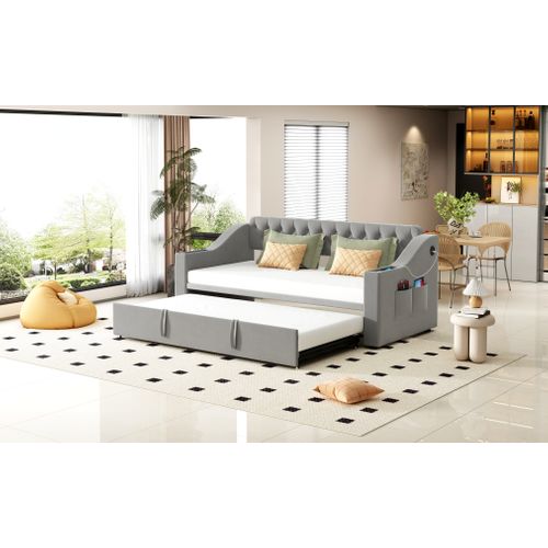 Lit Gigogne 90x190 Cm - Velours Gris - USB - Accoudoirs Rangement - Lit Multifonction