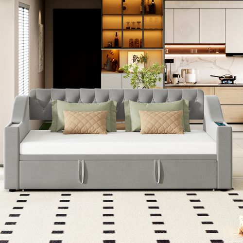 Lit Gigogne 90x190 Cm - Velours Gris - USB - Accoudoirs Rangement - Lit Multifonction