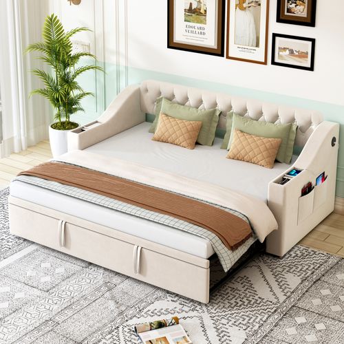 Lit Gigogne 90x190 Cm - Coffres Intégrés - Prise USB - Convertible Multifonction - Velours - Beige