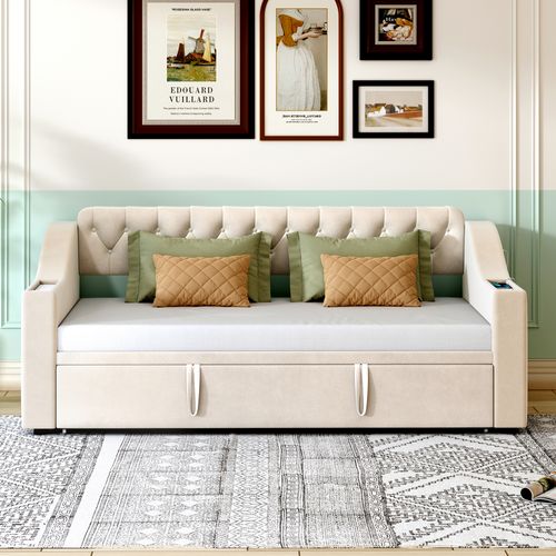 Lit Gigogne 90x190 Cm - Coffres Intégrés - Prise USB - Convertible Multifonction - Velours - Beige