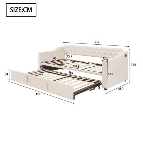 Lit Gigogne 90x190 Cm - Coffres Intégrés - Prise USB - Convertible Multifonction - Velours - Beige