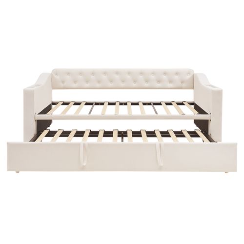 Lit Gigogne 90x190 Cm - Coffres Intégrés - Prise USB - Convertible Multifonction - Velours - Beige