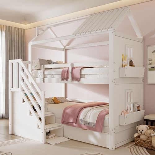 Lit Superposé 90x200 Cm - Lit Enfant Avec Rangement, Escalier Et Tiroirs - Blanc