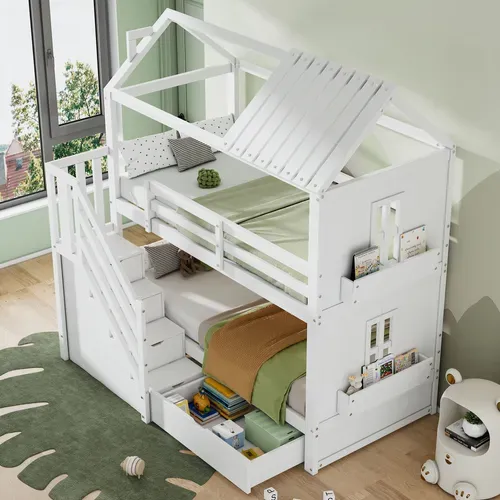 Lit Superposé 90x200 Cm - Lit Enfant Avec Rangement, Escalier Et Tiroirs - Blanc