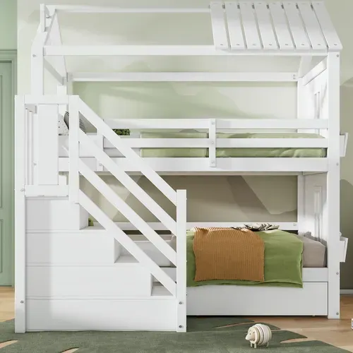 Lit Superposé 90x200 Cm - Lit Enfant Avec Rangement, Escalier Et Tiroirs - Blanc