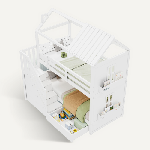 Lit Superposé 90x200 Cm - Lit Enfant Avec Rangement, Escalier Et Tiroirs - Blanc
